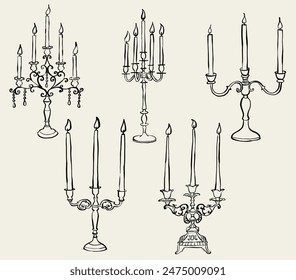 Hand drawn candle illustration. Decorative candle holder set. Vintage chandelier sketch. Candle clip art