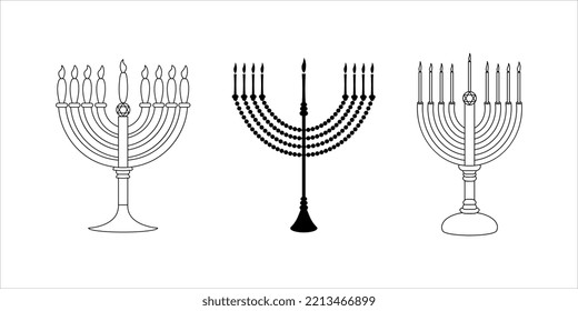Hand Drawn Candle Menorah Set For Hanukkah Clipart. Isolated on white background. 