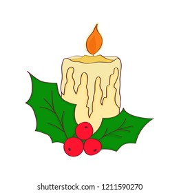 Hand drawn candle and mistletoe. Christmas decoration. Vector illustration.