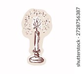 Hand drawn candle in an old fashioned candlelight holder illustration motif. Isolafed flat vector in black on whitebackground. For light of the world bible study, prayer time christian journal sticker