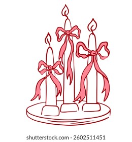 Hand drawn candle with ribbons and bow. Coquette core symbols for Valentine day and wedding invitations. Vintage minimalist bowknot in simple sketch style. Elegant lineart vector illustration