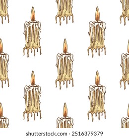Hand drawn  candle seamless pattern. Vector illustration of a vintage style. Halloween or Christmas drawing.	