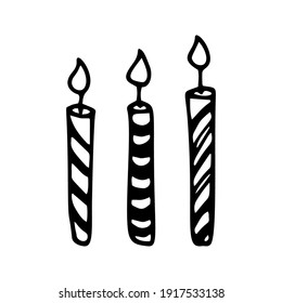 Hand drawn candle set. Doodle vector illustration. Winter elements for birthday cards, posters, stickers and seasonal design.  Isolated on white background