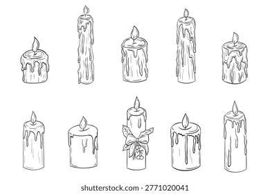 Hand drawn candle set with dripping wax in clean line art style. Collection of burning candles isolated on white, ideal for Halloween, Christmas, gothic themes, decoration and atmospheric design