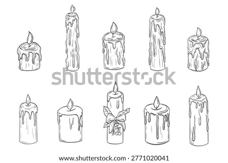 Hand drawn candle set with dripping wax in clean line art style. Collection of burning candles isolated on white, ideal for Halloween, Christmas, gothic themes, decoration and atmospheric design