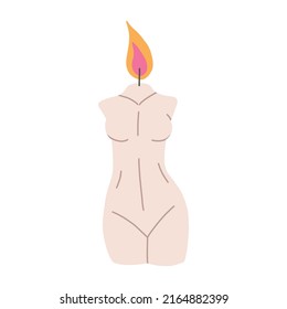 Hand drawn candle in shape of woman body, flat vector illustration isolated on white background. Trendy wax candle for home decor, spa and relaxation. Burning candle.