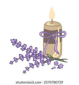 A hand drawn candle tied with a ribbon with fresh lavender, creating a tranquil vibe.