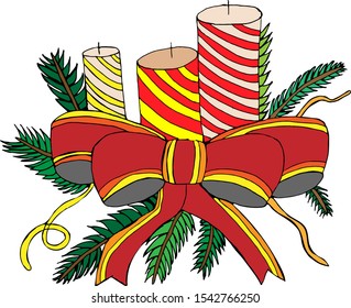 Hand drawn candles with bow and Christmas tree branches. Vector Stock Illustration.