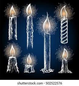 Hand drawn candles collection with shining elements vector