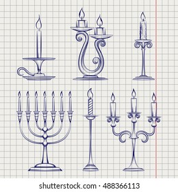 Hand drawn candles set on notebook page vector illustration