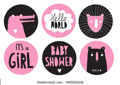 Hand Drawn Candy Bar Baby Shower Vector Tag Set. Pink and Black Circle Shape Tags for Baby Girl Party. It's a Girl, Hello World and Baby Shower. Simple Funny Stickers with Leo, Alligator and Bear.