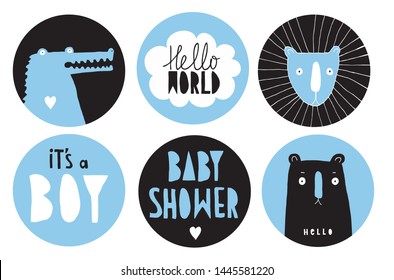 Hand Drawn Candy Bar Baby Shower Vector Tag Set. Blue and Black Circle Shape Tags for Baby Boy Party. It's a Boy, Hello World and Baby Shower. Simple Funny Stickers with Leo, Alligator and Bear.