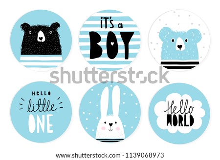 Hand Drawn Candy Bar Baby Shower Vector Tags.Blue and White Circle Shape Sticker.White and Blue Bunnies, Black Big Bear on a White and Blue Background. Handwritten It's a Boy and Hello Little One.    