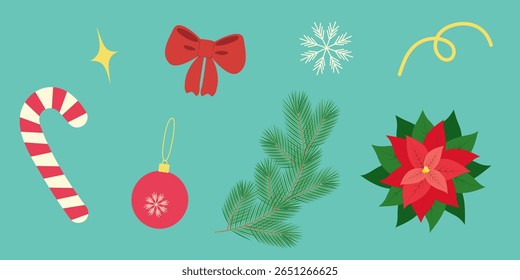 Hand Drawn Candy Cane Poinsettia Snowflakes Pine Twigs Ball Ribbon Baw Christmas design elements Set
