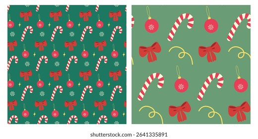 Hand Drawn Candy Cane Ribbon Bow and Christmas tree decorations Seamless Patterns Holidays Fond Set