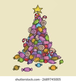 Dibujado a mano Candy Christmas Tree diseño de ilustración