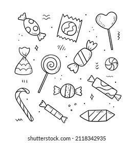 Hand drawn candy collection. Doodle sketch style. Set of various elements doodles. Vector illustration isolated on white background.