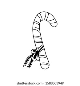 A hand drawn candy cone with bow for Christmas, New Year or Birthday. Candy cone for decoration holiday cards and invitations to the winter holidays or Birthday. Isolated on white.