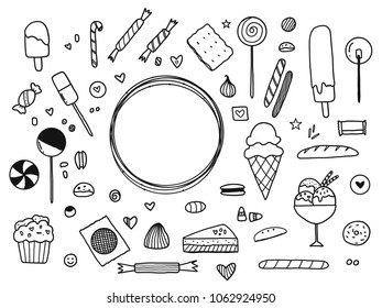 Hand drawn of candy doodle set with sweet icon, vector illustration, sketch sweet food collection.