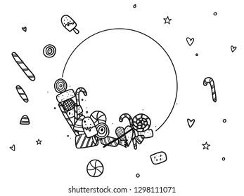 Hand drawn of candy doodle set with sweet icon and candy space, vector illustration, sketch sweet food collection.