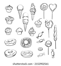 hand drawn candy   ice cream set contour the white background