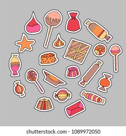 Hand drawn candy patch set. Stock vector illustration of sweet food in bright colors for trendy patches, funny stickers.