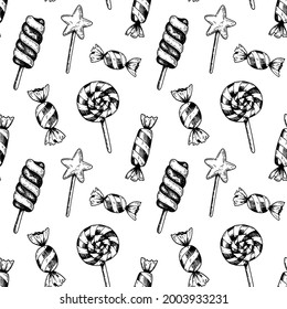 Hand drawn candy seamless pattern. Vector illustration in sketch style