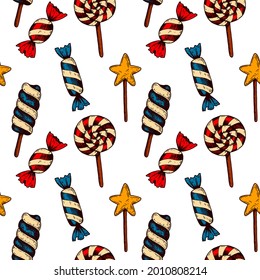 Hand drawn candy seamless pattern. Vector illustration in colored sketch style