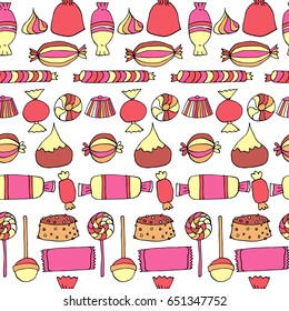 Hand drawn candy seamless pattern. Stock vector illustration of different colorful sweets in geometrical order on white background.