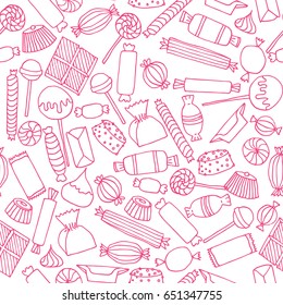 Hand drawn candy seamless pattern. Stock vector illustration of different popular sweets in pink outline on white background.