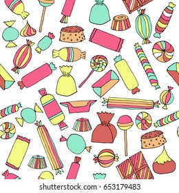 Hand drawn candy seamless pattern. Stock vector illustration of different colorful sweets on white background.