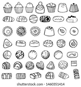 Hand drawn candy  set. Handmade chocolates. Vector sketch illustration.