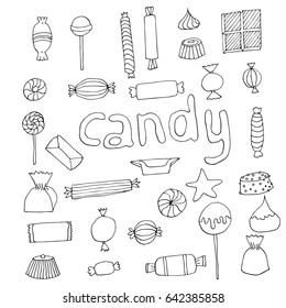 Hand drawn candy set. Stock vector illustration of sweet food in black line isolated on white background.