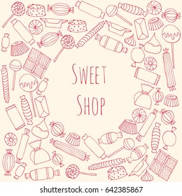 Hand drawn candy set. Stock vector illustration of sweet food forming a circle.