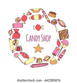 Hand drawn candy set. Stock vector illustration of sweet food in bright colors isolated on white background.