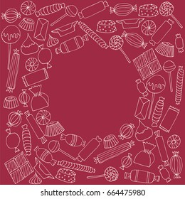 Hand drawn candy set. Stock vector illustration of sweet food forming a circle.