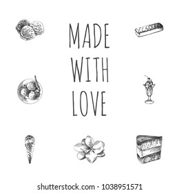 Hand drawn candy sketches set. Collection of mixed, cookie, dessert and other sketch elements.
