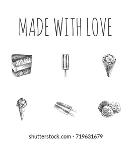 Hand Drawn Candy Sketches Set. Collection Of Cake, Double Stick, Fruit And Other Sketch Elements.