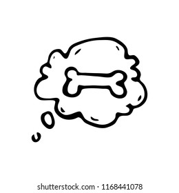 Hand drawn canine bone in the cloud doodle. Sketch pets icon. Decoration element. Isolated on white background. Vector illustration.