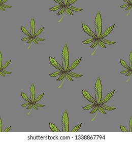 Hand drawn cannabis leaf seamless pattern. Vector illustration on gray background in watercolor style. Natural vintage sketch for medical design. CBD, cannabis, hemp oil.