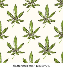 Hand drawn cannabis leaf seamless pattern. Vector illustration on white background in watercolor style. Natural vintage sketch for medical design. CBD, cannabis, hemp oil.