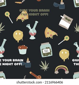 Dibujo manual de cannabis, elementos de marihuana patrón sin fisuras. Más ligero, pizza, bizcochos y más. Ilustraciones de vectores planos para impresiones de camisetas, carteles y otros usos.