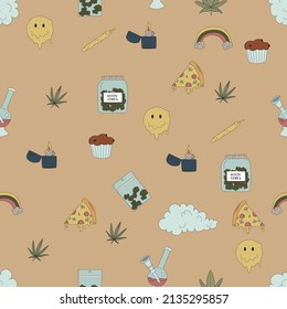 Hand drawn cannabis, marijuana elements seamless pattern. Lighter, pizza, cupcakes and more. Vector flat illustrations for t-shirt prints, posters and other uses.