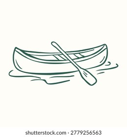 Hand drawn canoe with paddle in doodle outline style. Minimal water activity illustration for camping and summer design.