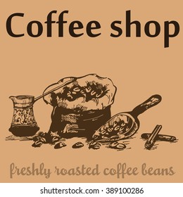 hand drawn canvas bag with coffee beans. Vector illustration