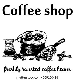 hand drawn canvas bag with coffee beans. Vector illustration