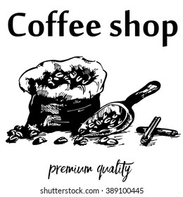 hand drawn canvas bag with coffee beans. Vector illustration