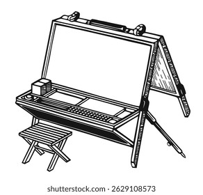 Toile dessinée à la main sur palette chevalet et peinture. Un dispositif pour l'artiste d'écrire dans la nature en plein air. Illustration vectorielle à croquis isolée sur fond blanc