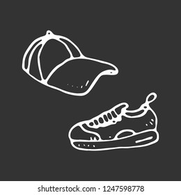 Hand drawn cap and sneaker doodle. Sketch sports equipment and simulators, icon. Decoration element. Isolated on black background. Vector illustration.