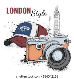 Hand drawn cap and vintage camera on background. Run Concept. London, Big Ben. Vector illustration